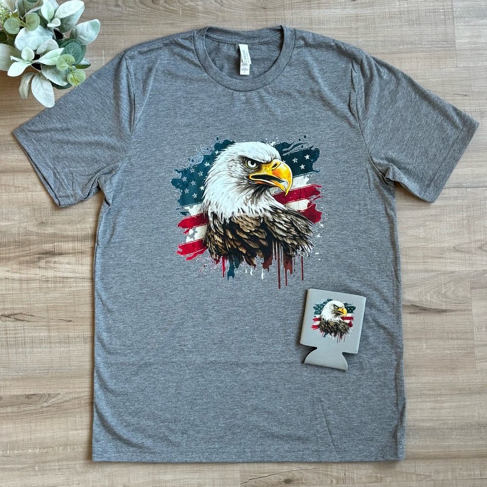 Gray Tri-blend T-Shirt & Can Cooler Patriotic Eagle Design